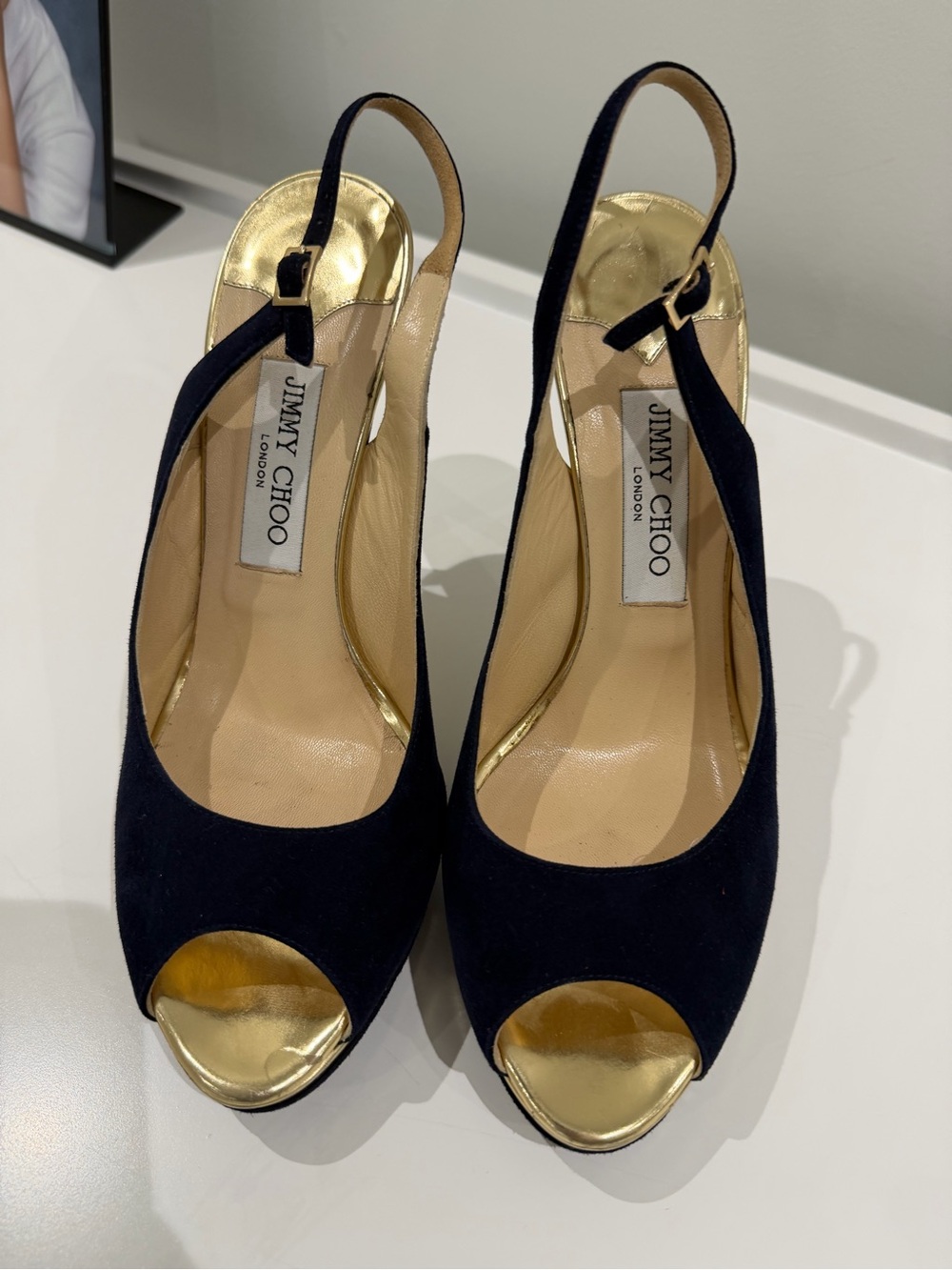 Jimmy Choo Navy Suede Peep-Toe Slingback Heels with Gold Interior